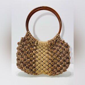 Vintage Handmade Macrame Round Handle Tote Bag Brown Tan 12.5”x15”